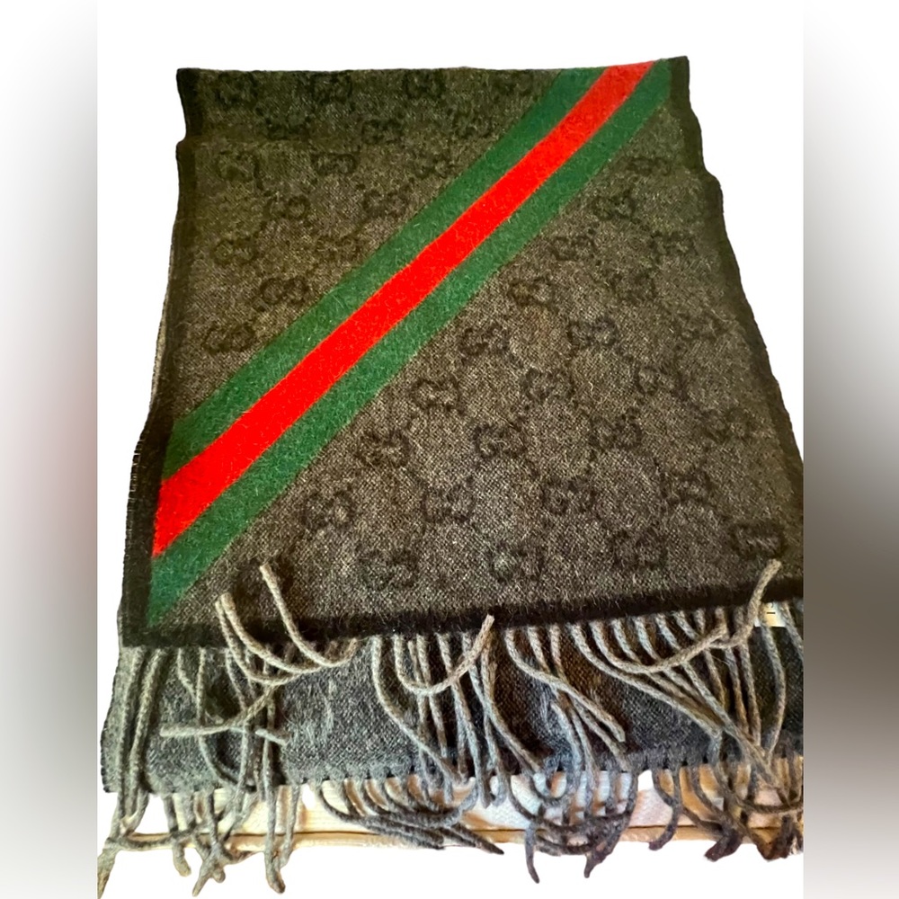 GUCCI Nikky GG Monogram Gray Wool Alpaca Knit Scarf Web Green Red Unisex Fringe